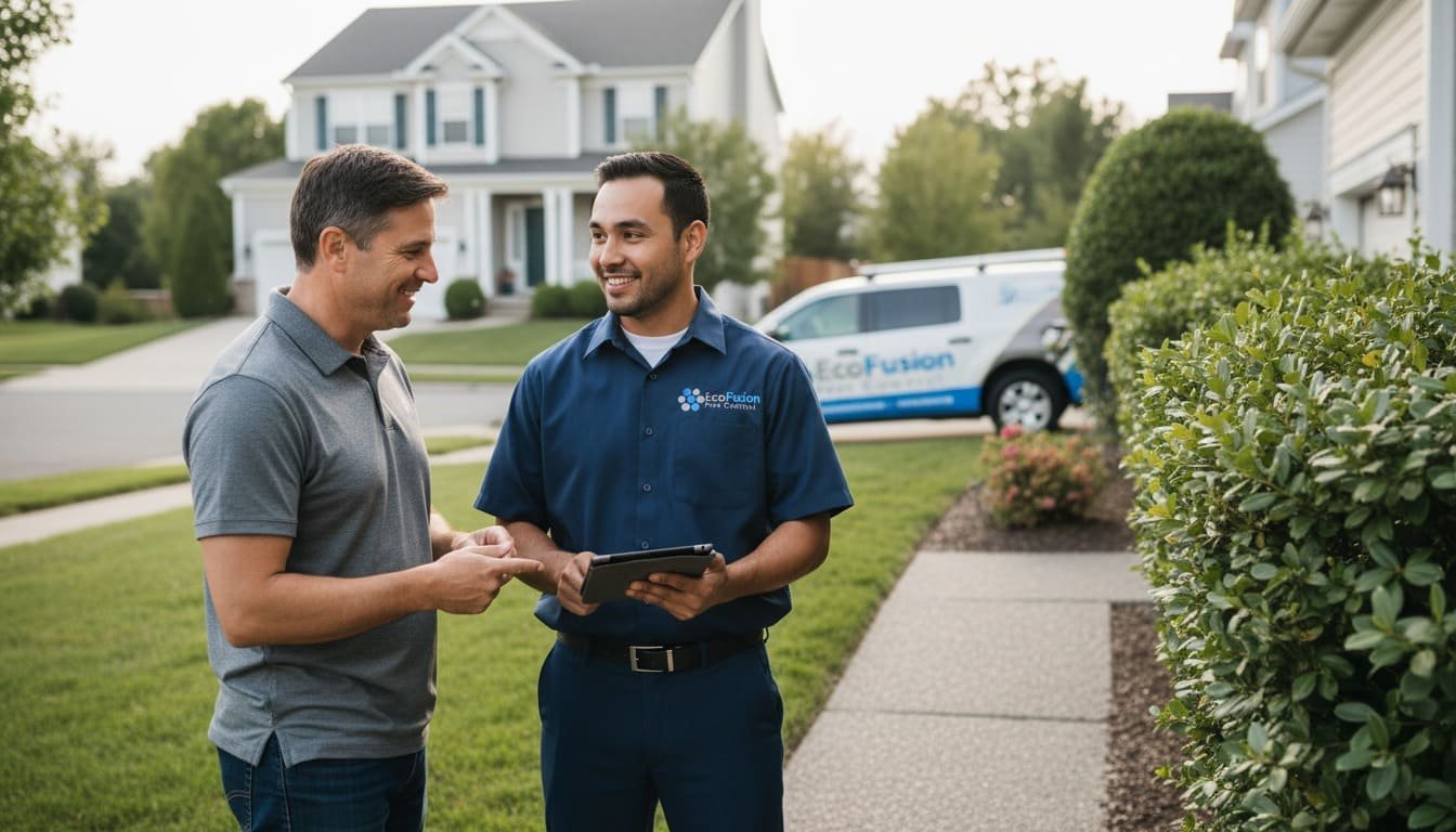 EcoFusion Pest Control Professionals consulting with homeowner